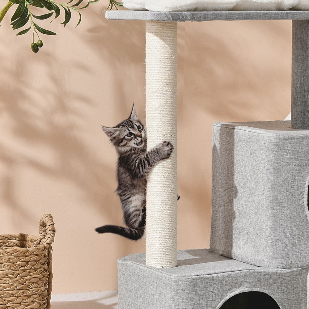 Wabi Sabi Double Cubby Cat Tree Scratcher in Faux Linen Grey Charlie's Pet Products