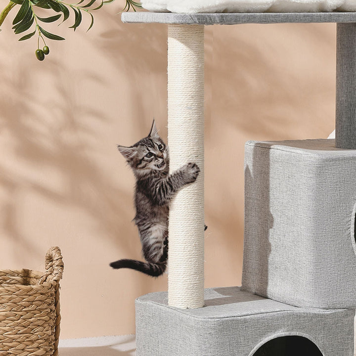 Wabi Sabi Double Cubby Cat Tree Scratcher in Faux Linen Grey Charlie's Pet Products