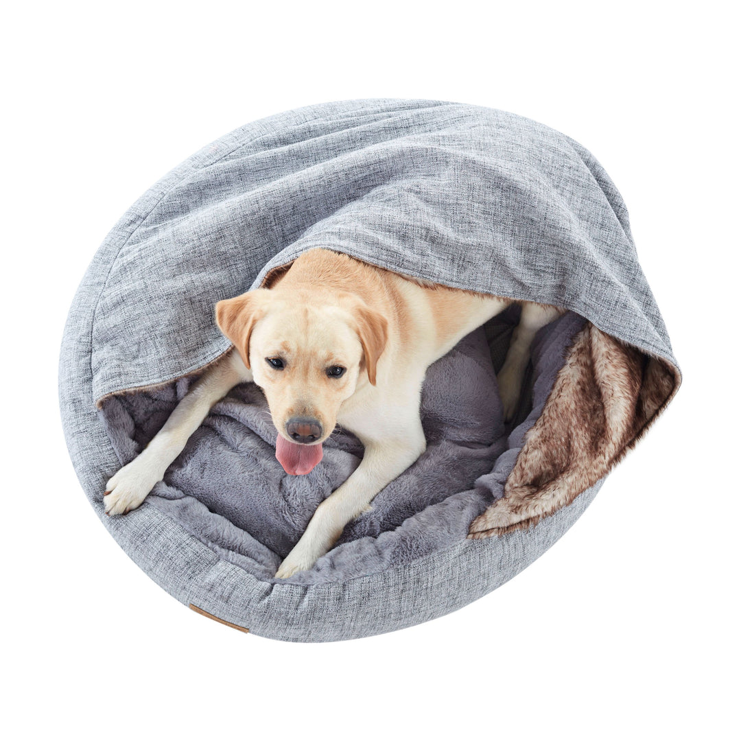 VIP Wolf Hooded Pet Nest Bed with Faux Linen and Fur Charlie's Pet Products