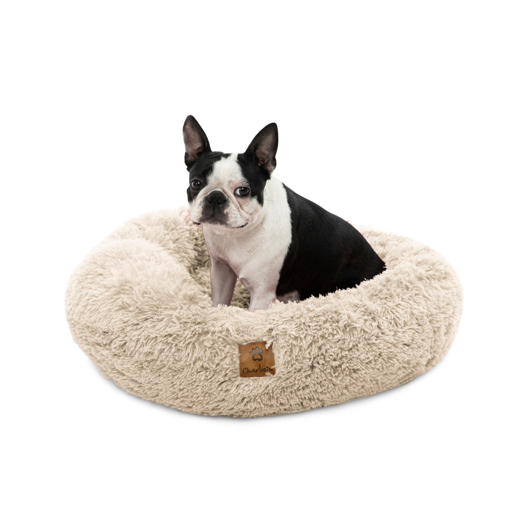 Shaggy Faux Fur Donut Calming Dog Bed Cat Bed Cream Neutral