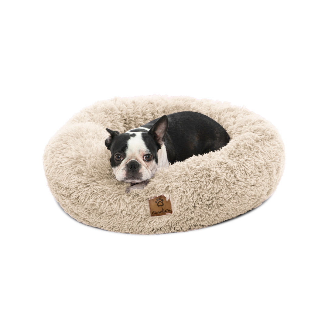 Shaggy Faux Fur Donut Calming Pet Nest Bed - Cream Chinchilla Charlie's Pet Products
