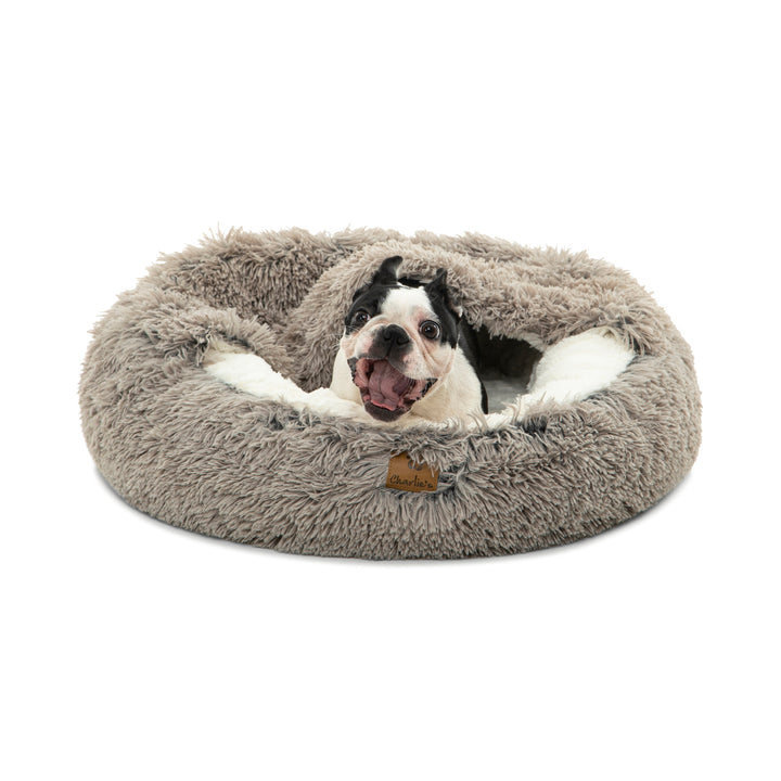 Snookie Hooded Pet Bed in Faux Fur - Grey Charlie's Pet Products