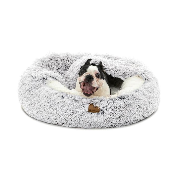 Snookie Hooded Pet Bed in Faux Fur - Artic White Chinchilla Charlie's Pet Products