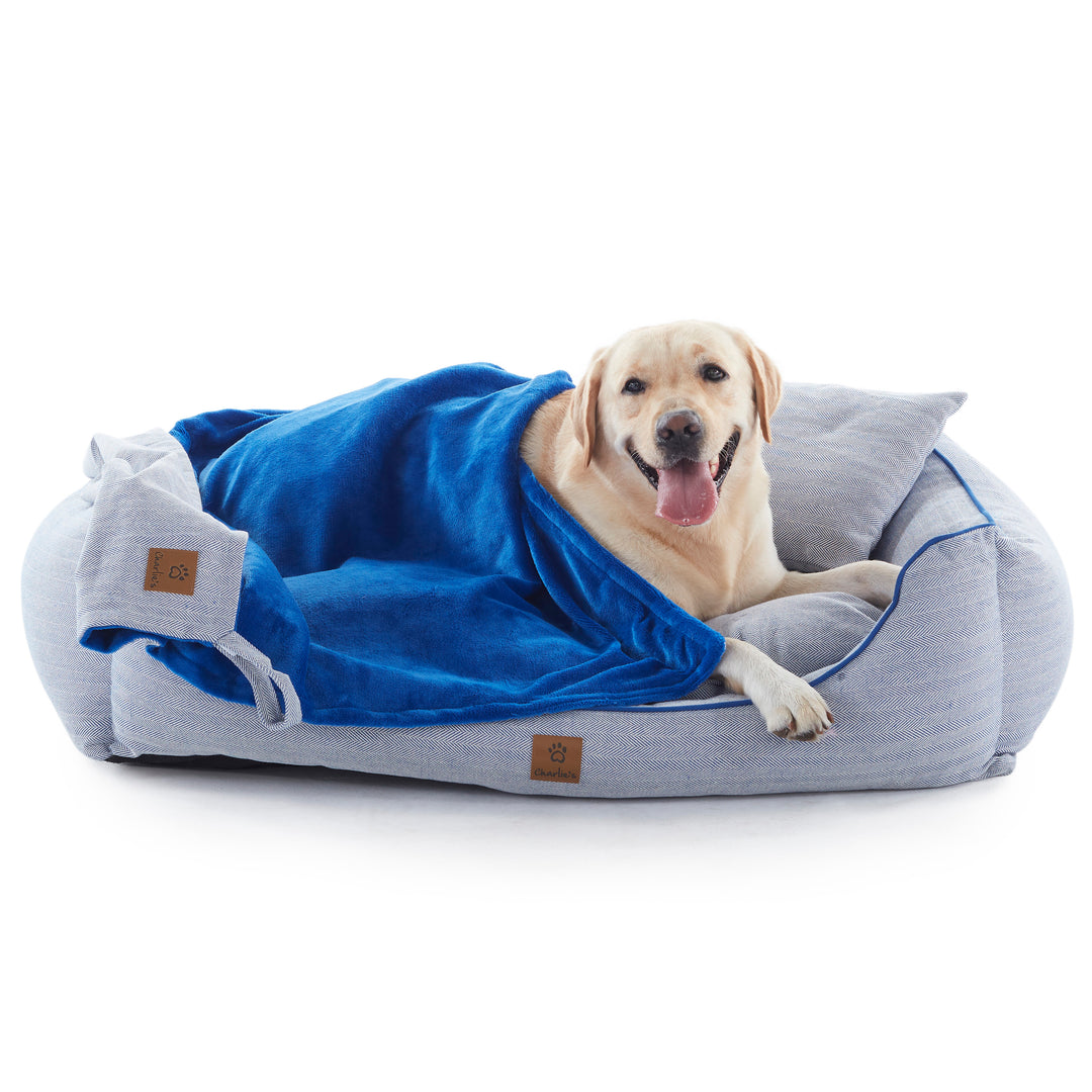 Hampton Herringbone 3pc Dog Bed Blue Charlie's Pet