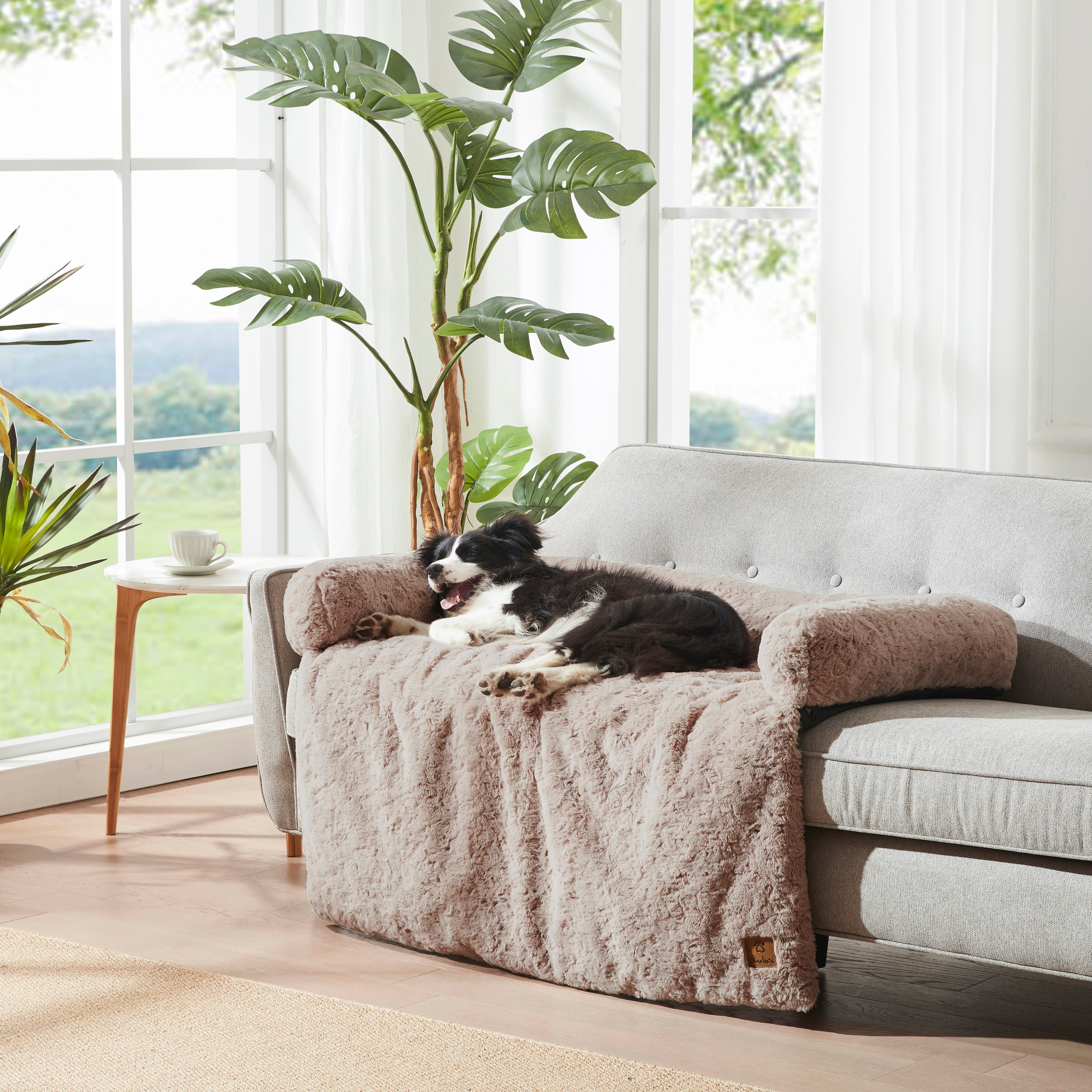 VIP Lush Faux Fur Bolster Sofa Protector Calming Dog Bed Natural