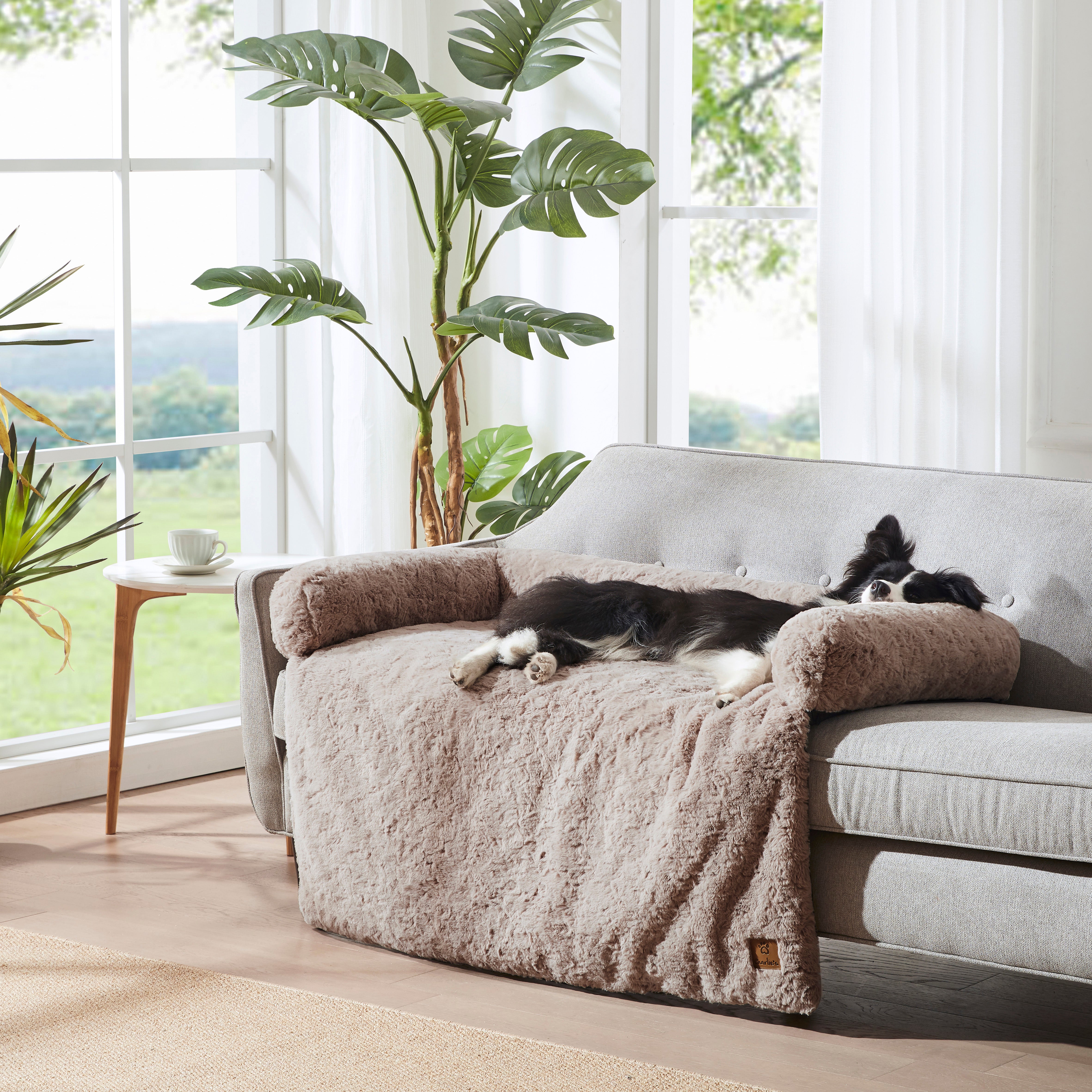 VIP Lush Faux Fur Bolster Sofa Protector Calming Dog Bed Natural
