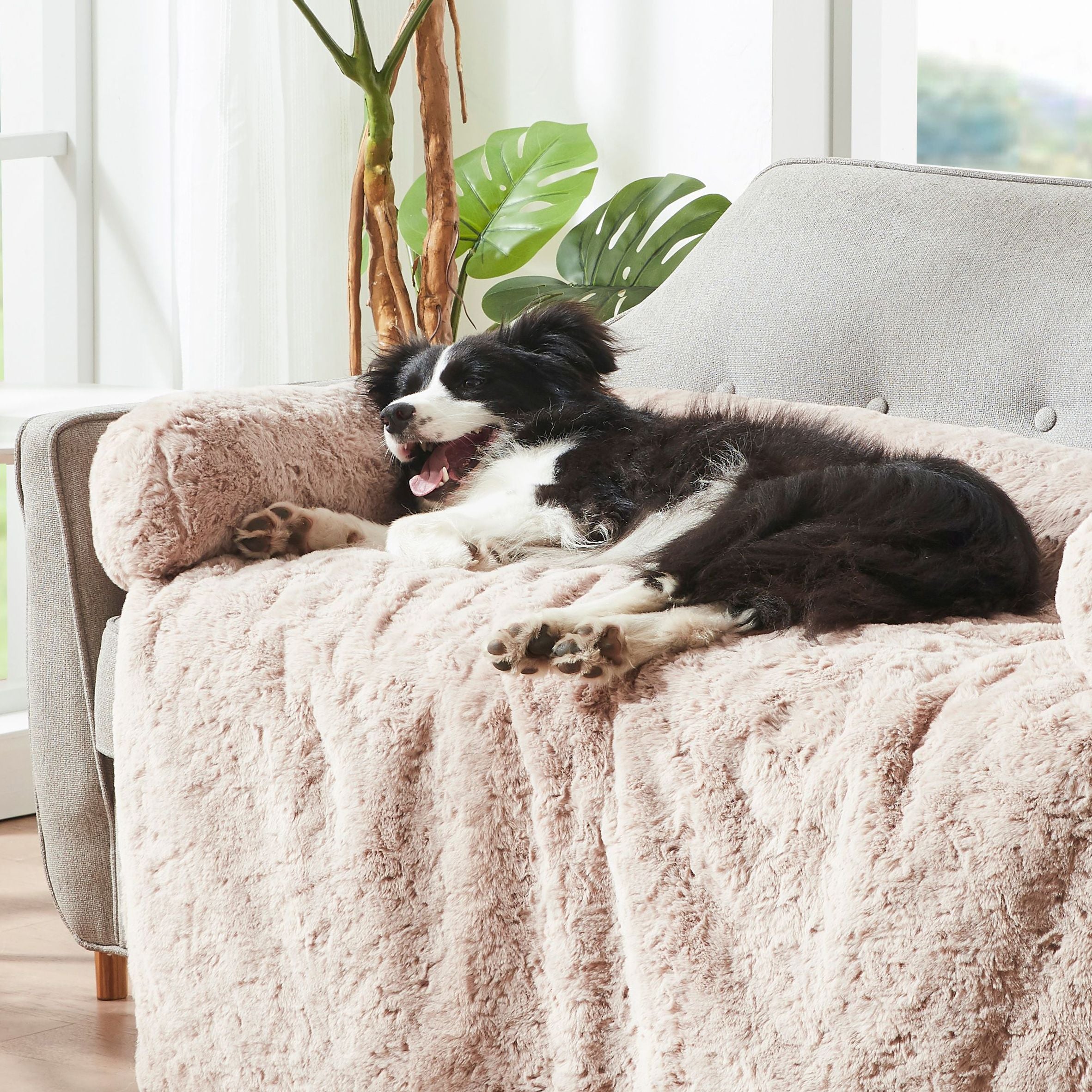 VIP Lush Faux Fur Bolster Sofa Protector Calming Dog Bed Natural