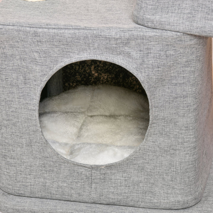 Wabi Sabi Double Cubby Cat Tree Scratcher in Faux Linen Grey Charlie's Pet Products