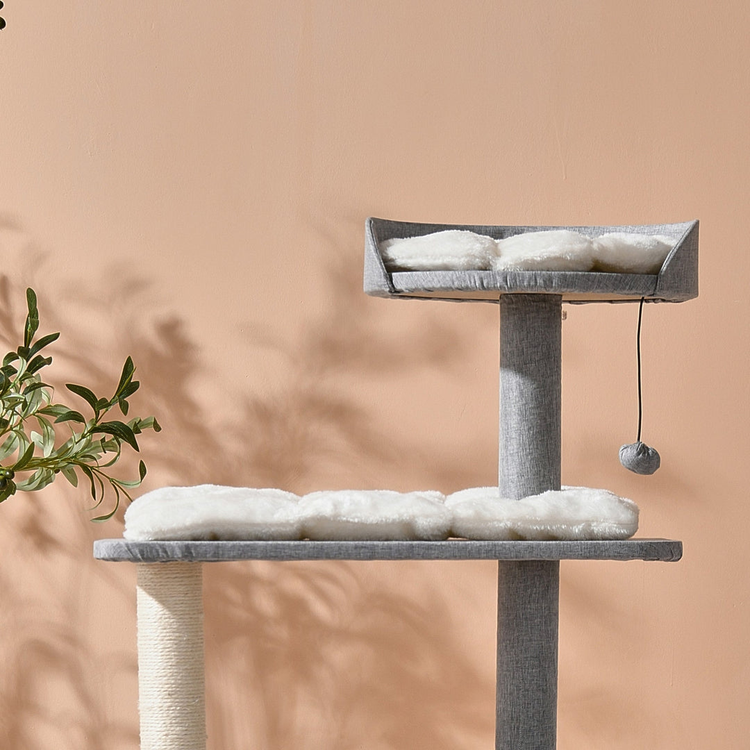 Wabi Sabi Double Cubby Cat Tree Scratcher in Faux Linen Grey Charlie's Pet Products