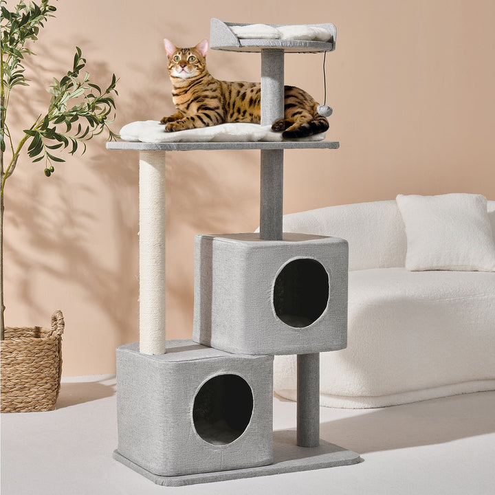 Wabi Sabi Double Cubby Cat Tree Scratcher in Faux Linen Grey Charlie's Pet Products