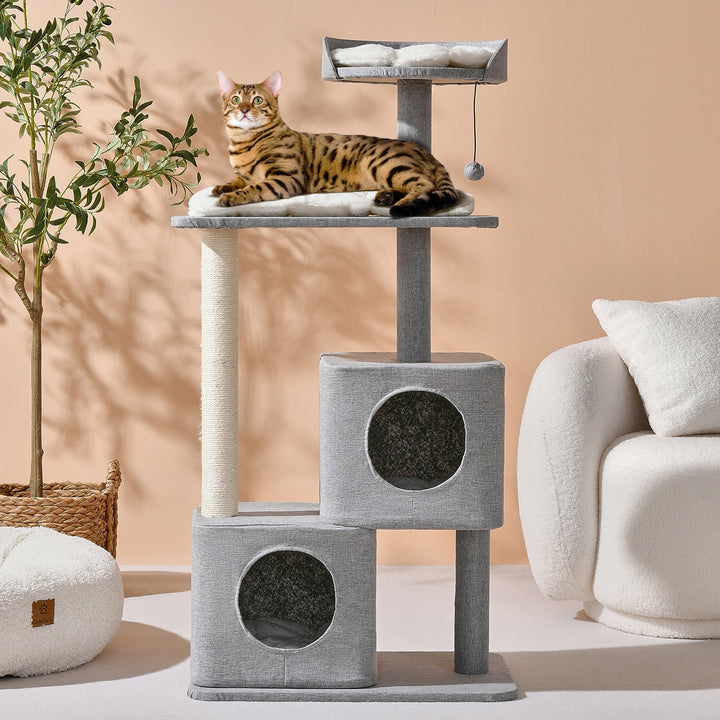 Wabi Sabi Double Cubby Cat Tree Scratcher in Faux Linen Grey Charlie's Pet Products