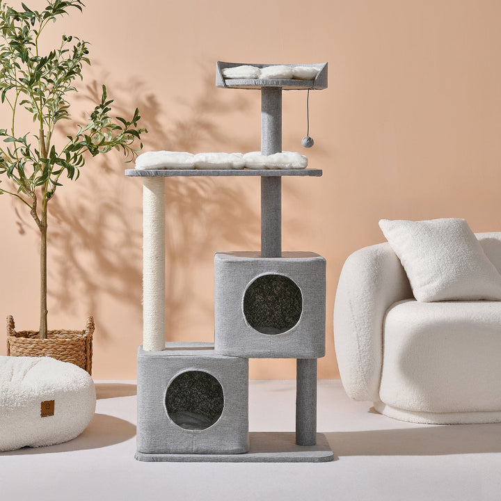 Wabi Sabi Double Cubby Cat Tree Scratcher in Faux Linen Grey Charlie's Pet Products