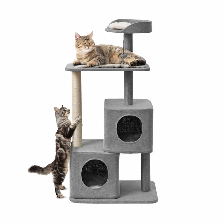 Wabi Sabi Double Cubby Cat Tree Scratcher in Faux Linen Grey Charlie's Pet Products