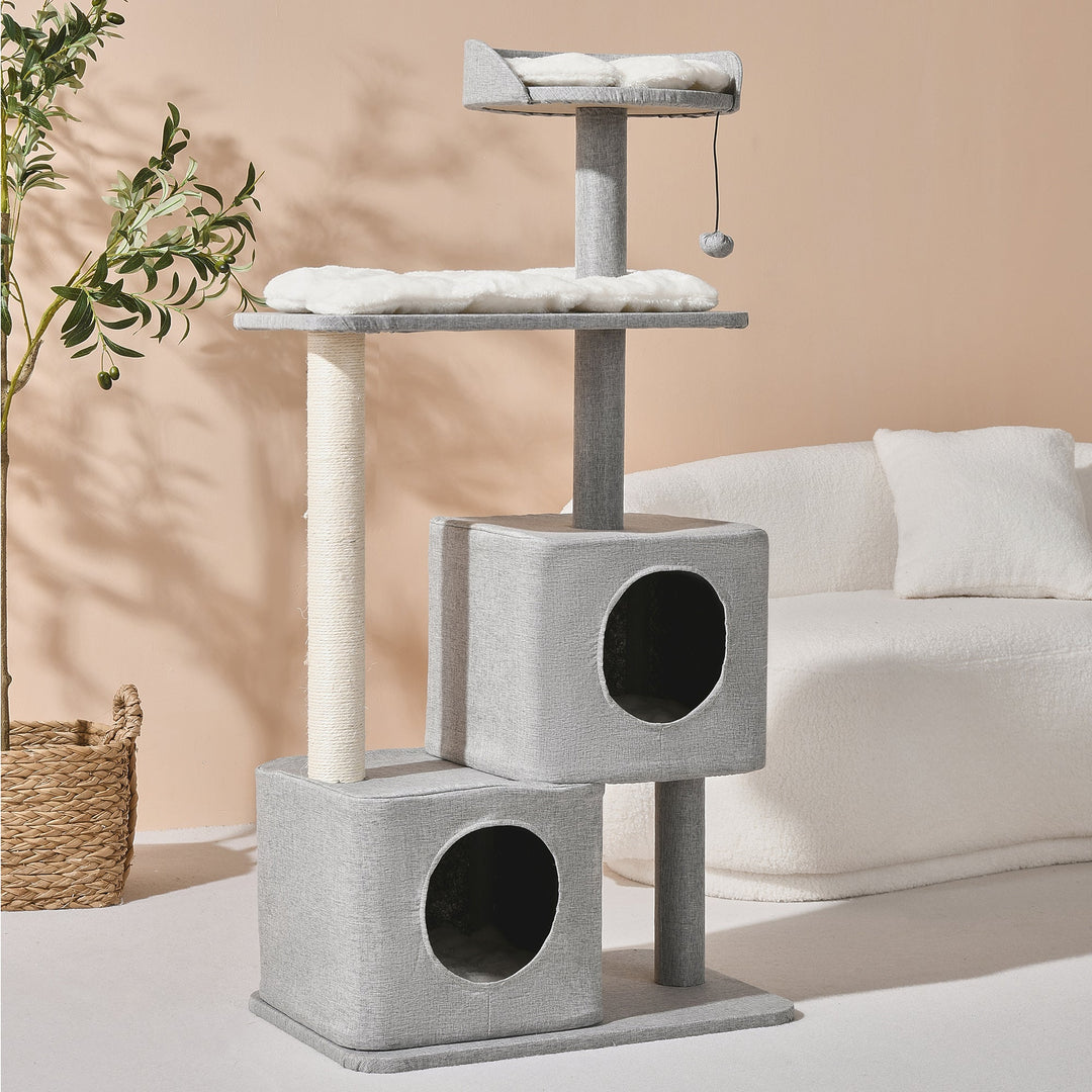 Wabi Sabi Double Cubby Cat Tree Scratcher in Faux Linen Grey Charlie's Pet Products