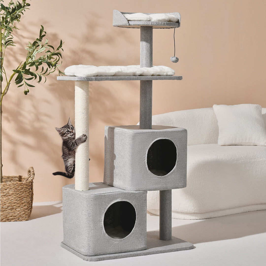 Wabi Sabi Double Cubby Cat Tree Scratcher in Faux Linen Grey Charlie's Pet Products