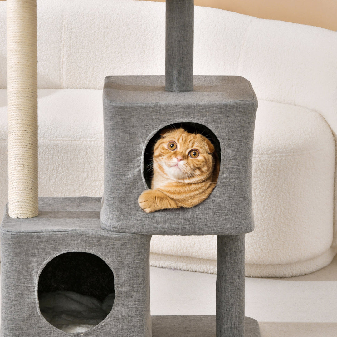 Wabi Sabi Double Cubby Cat Tree Scratcher in Faux Linen Grey Charlie's Pet Products