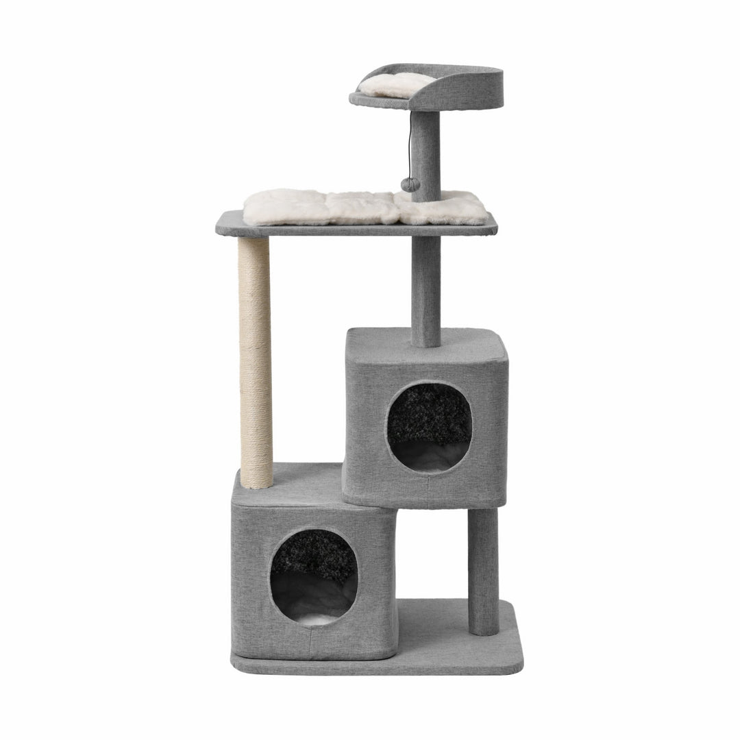 Wabi Sabi Double Cubby Cat Tree Scratcher in Faux Linen Grey Charlie's Pet Products