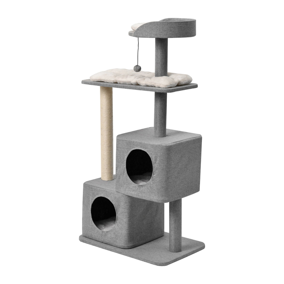 Wabi Sabi Double Cubby Cat Tree Scratcher in Faux Linen Grey Charlie's Pet Products