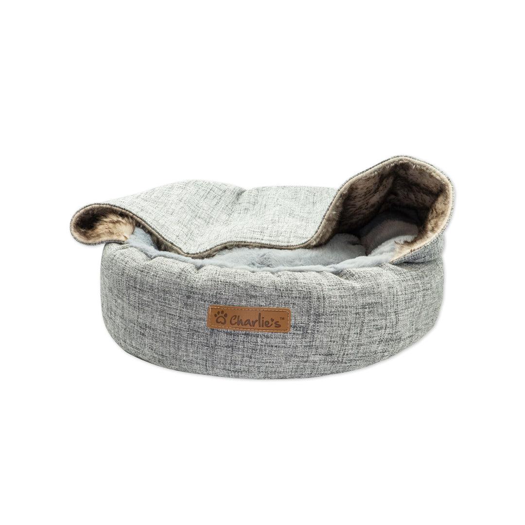 VIP Wolf Hooded Pet Nest Bed with Faux Linen and Fur Charlie's Pet Products