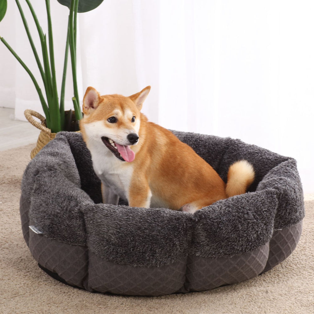 Cuddler Faux Fur Pet Calming Bed with Bolster Round - Grey Charlie's Pet Products