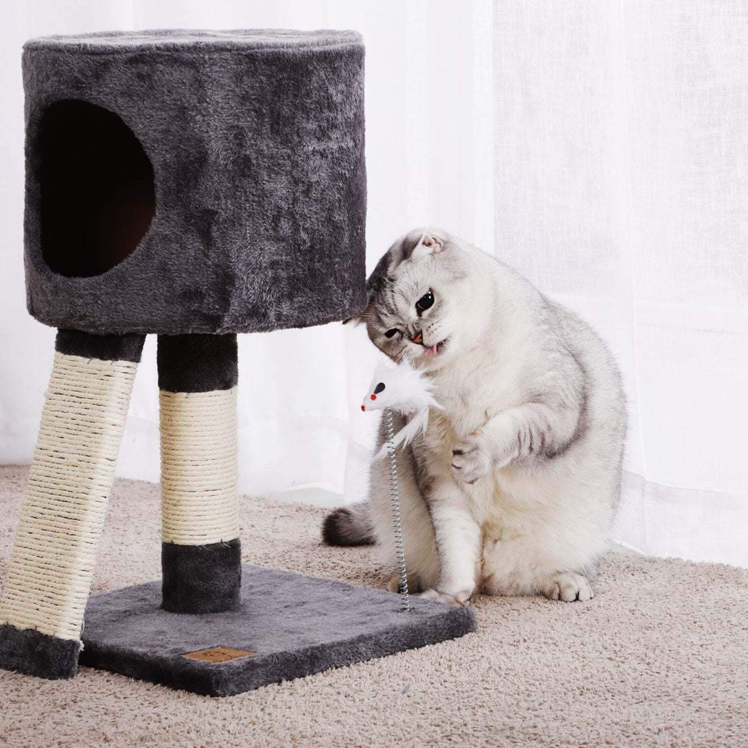 Cat Tree Cubby with Scratching Ramp with Mouse Teaser Toy - Grey Charlie's Pet Products