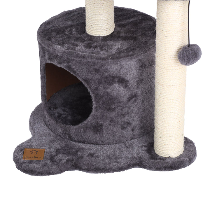 Tubular Cat Tree Tower and Playhouse with Teaser Toy - Charcoal Charlie's Pet Products