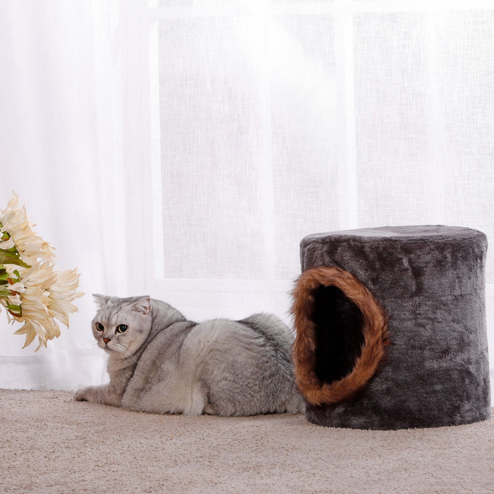 Hidey Cat House with Faux Fur Hole - Grey/Brown Charlie's Pet Products
