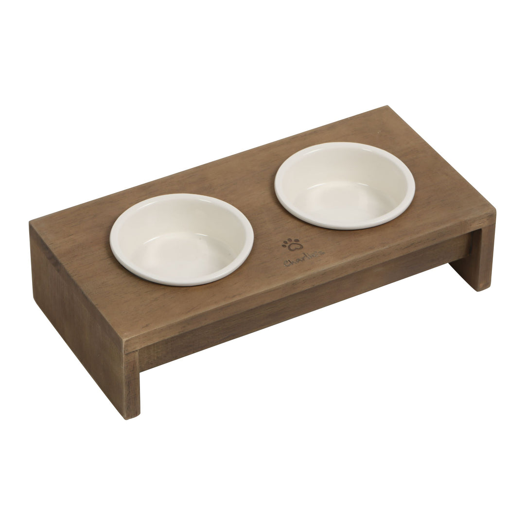 Raised Wooden Dual Pet Feeder with Porcelain Bowls Charlie's Pet Products
