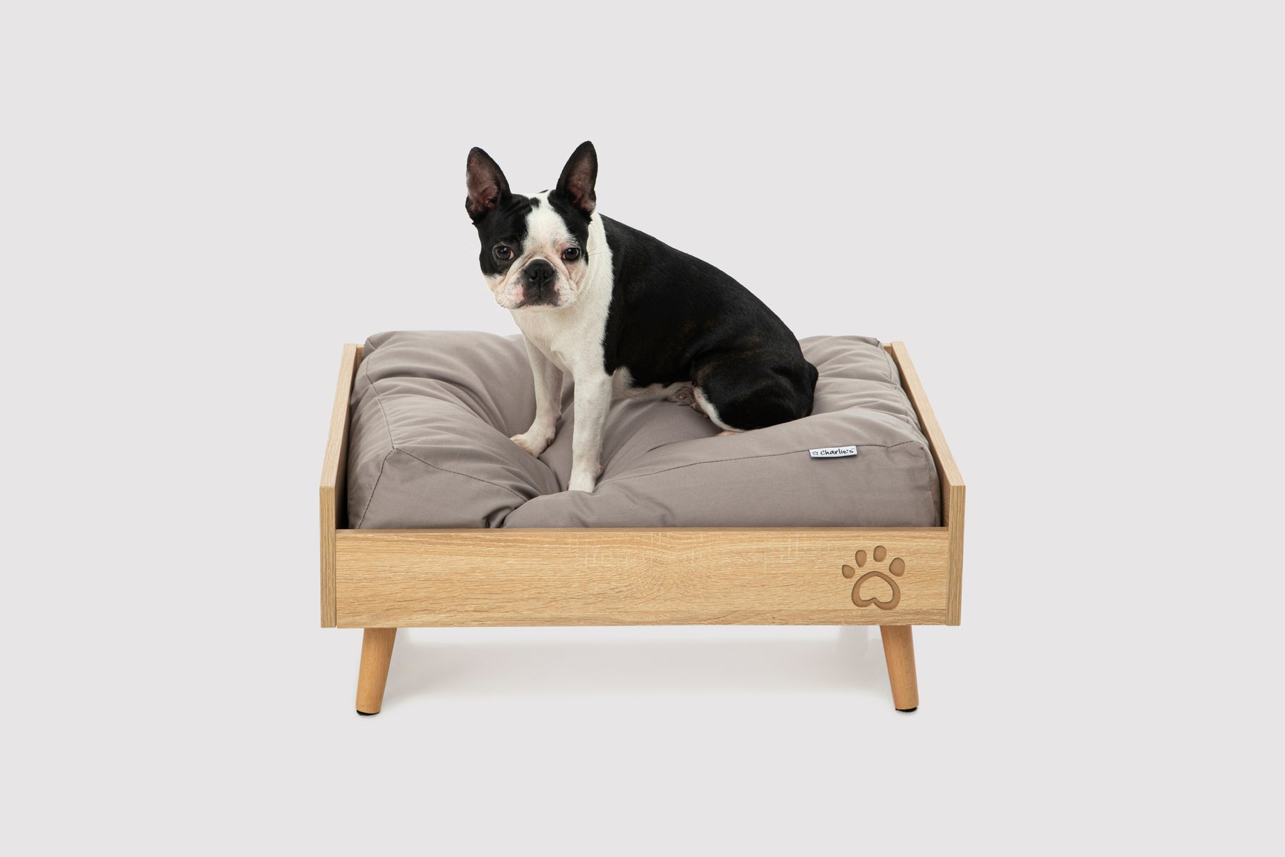 Scandi Elevated Bed with Natural Frame Grey Mattress Charlie s Pet