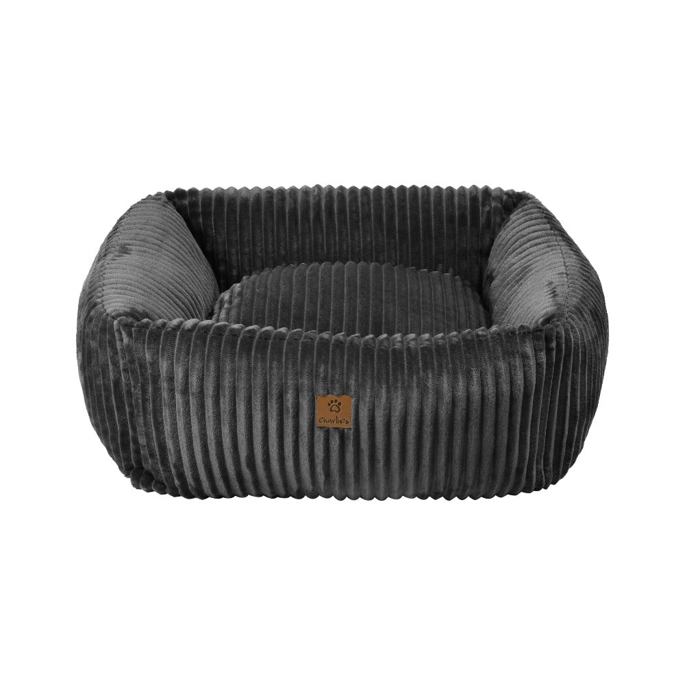 Ascher Plush Corduroy Square Pet Nest Bed - Dark Grey Charlie's Pet Products